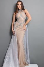 nude silver sheath long dress with high neck halter beaded overskirt
