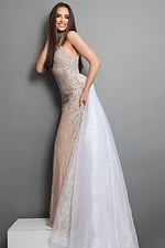 nude silver sheath long dress with high neck halter beaded overskirt
