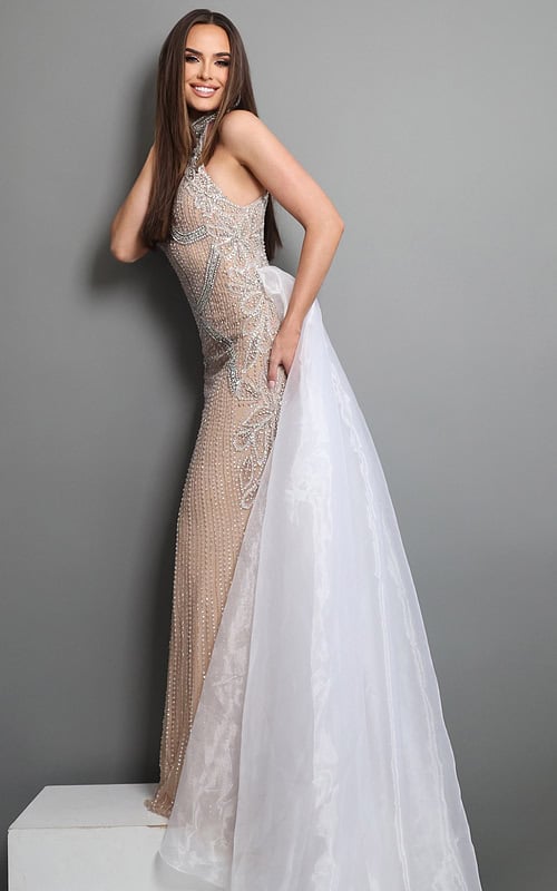 nude silver sheath long dress with high neck halter beaded overskirt