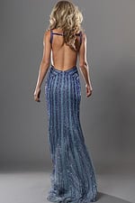 royal blue sheath long dress with deep v neck sleeveless beaded high slit open back