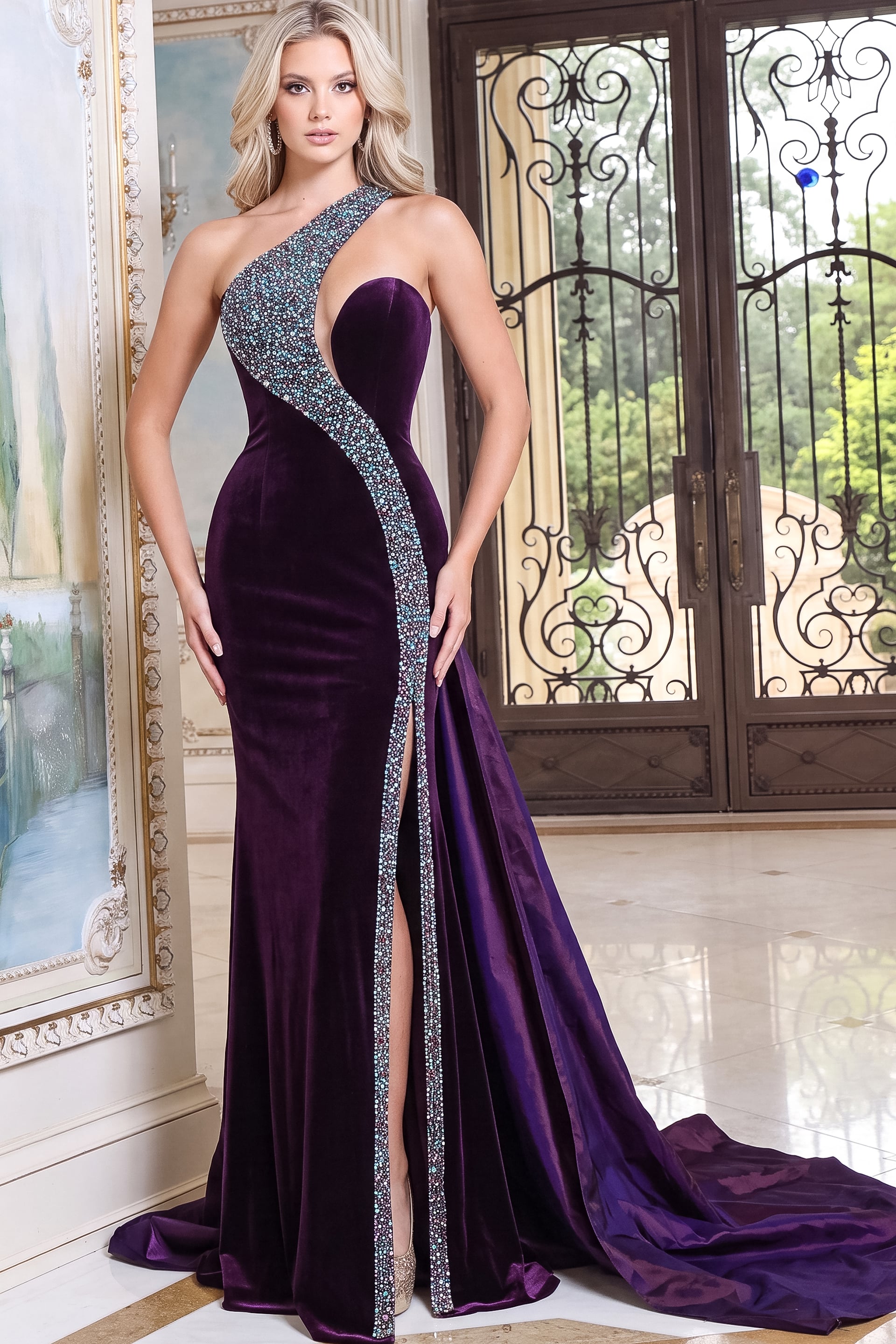 purple velvet one shoulder column gown with high slit and sweeping train, view 2