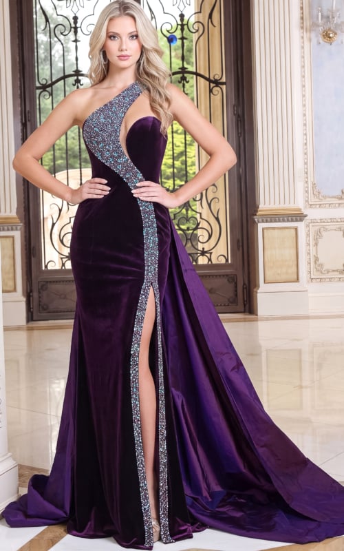 purple velvet one shoulder column gown with high slit and sweeping train
