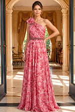 pink floral print chiffon one shoulder gown with rosette and beaded belt