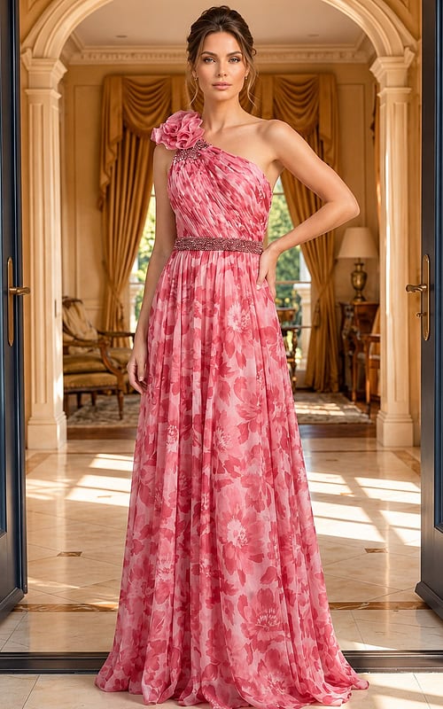 pink floral print chiffon one shoulder gown with rosette and beaded belt