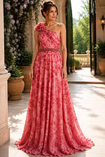Elegant Printed Chiffon Formal Dress With Rosette Shoulder Detail