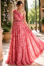 Pink Floral One Shoulder Evening Gown With Flowing Skirt