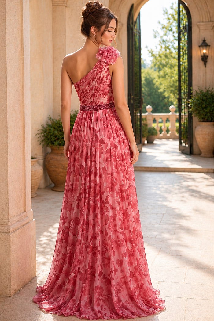 Designer A Line Evening Dress With Floral Pattern And Beaded Waist