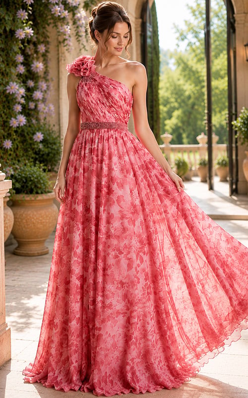 Romantic One Shoulder Maxi Gown With Soft Pleated Fabric