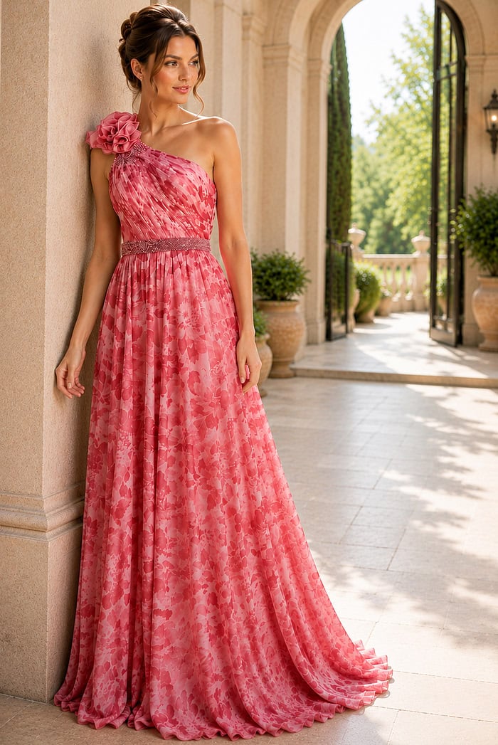 Luxury Evening Gown With Draped Silhouette And Shoulder Flower