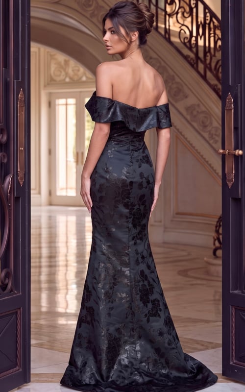 Back view of black jacquard off the shoulder mermaid gown showing the zip back and train
