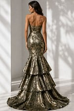 Dark olive and gold floral brocade mermaid gown with tiered ruffle skirt and elegant train, shown from the back.
