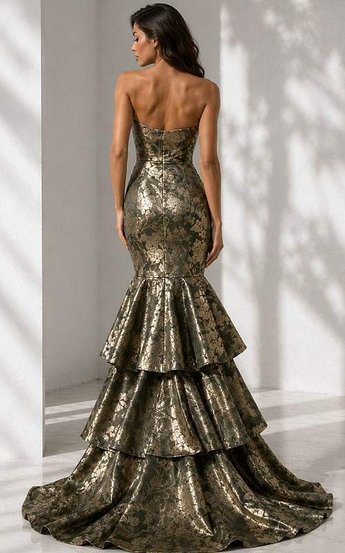 Dark olive and gold floral brocade mermaid gown with tiered ruffle skirt and elegant train, shown from the back.