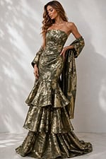 Luxury dark olive formal dress with shimmering gold floral jacquard, structured bodice, and voluminous tiered mermaid skirt.
