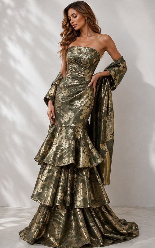 Luxury dark olive formal dress with shimmering gold floral jacquard, structured bodice, and voluminous tiered mermaid skirt.