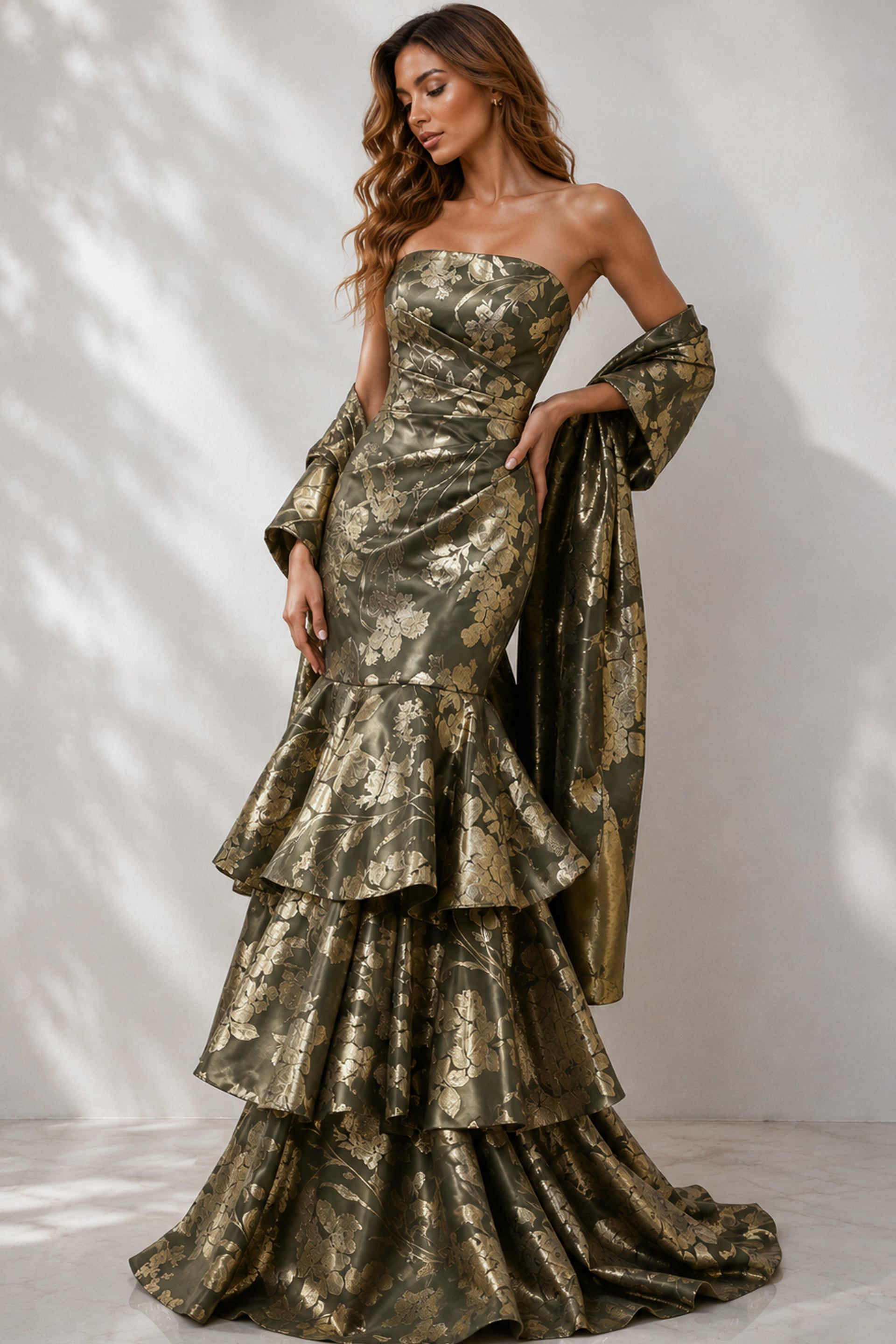 49031-4 Luxury dark olive formal dress with shimmering gold floral jacquard, structured bodice, and voluminous tiered mermaid skirt.