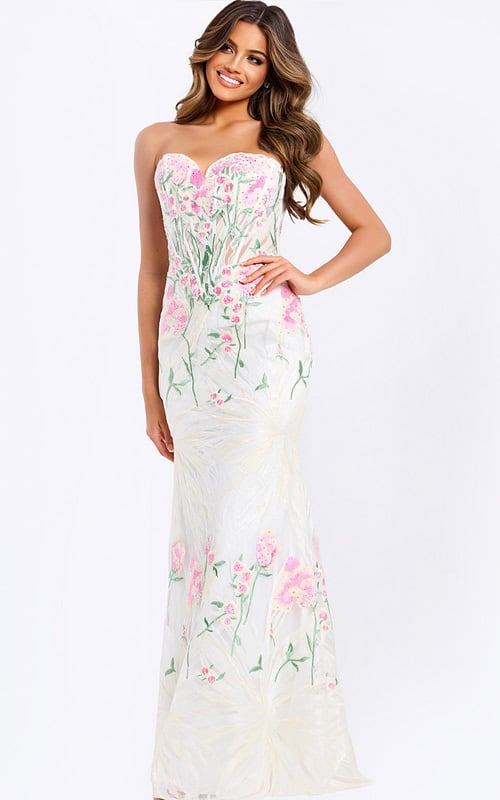 Floral embellished evening gown with shimmering fabric