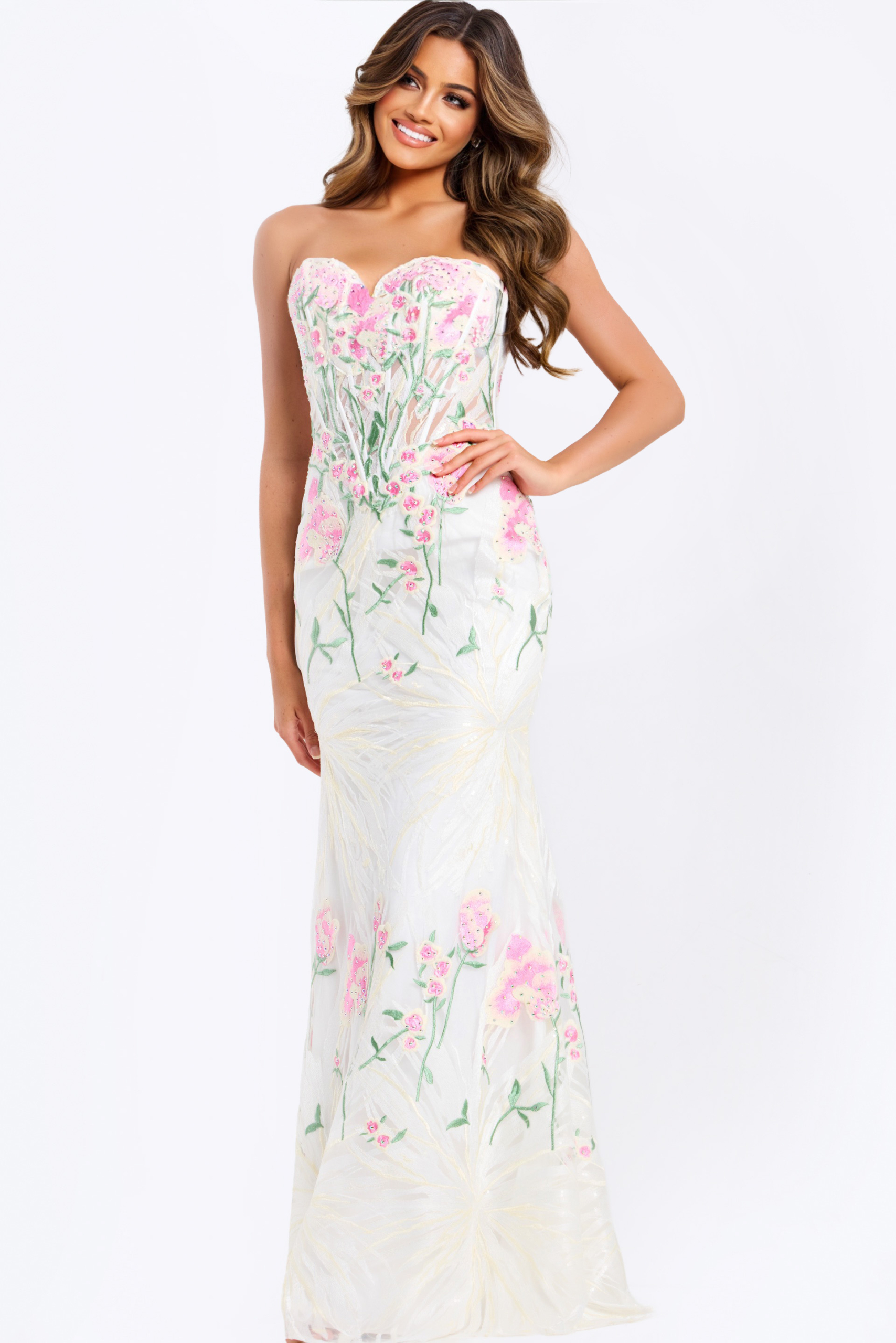 Embroidered Floral Dress With Sheer Corset 49035 | Jovani