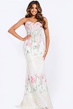 Elegant fitted gown with pink floral embroidery