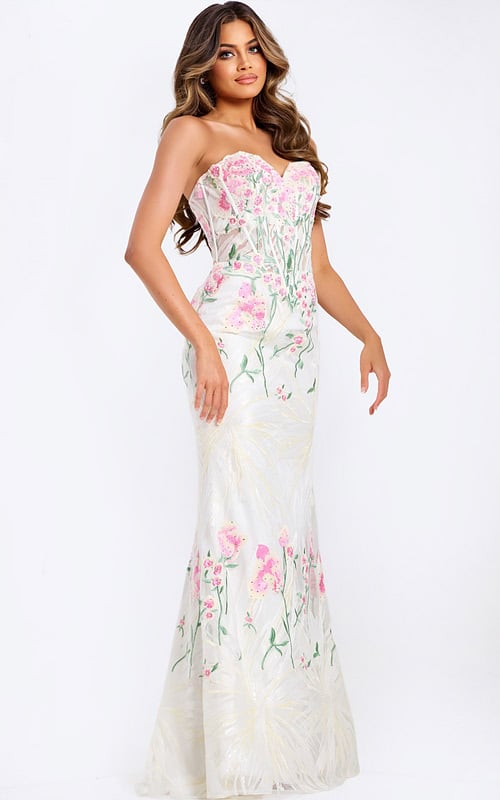Strapless embroidered floral prom dress with sheer corset