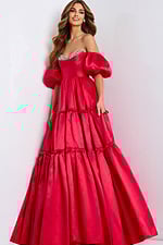 Tiered red ball gown with beaded neckline