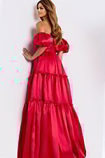 Red off shoulder prom dress with puff sleeves