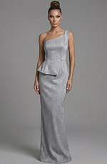 One shoulder fitted evening gown with sculpted waist and subtle peplum
