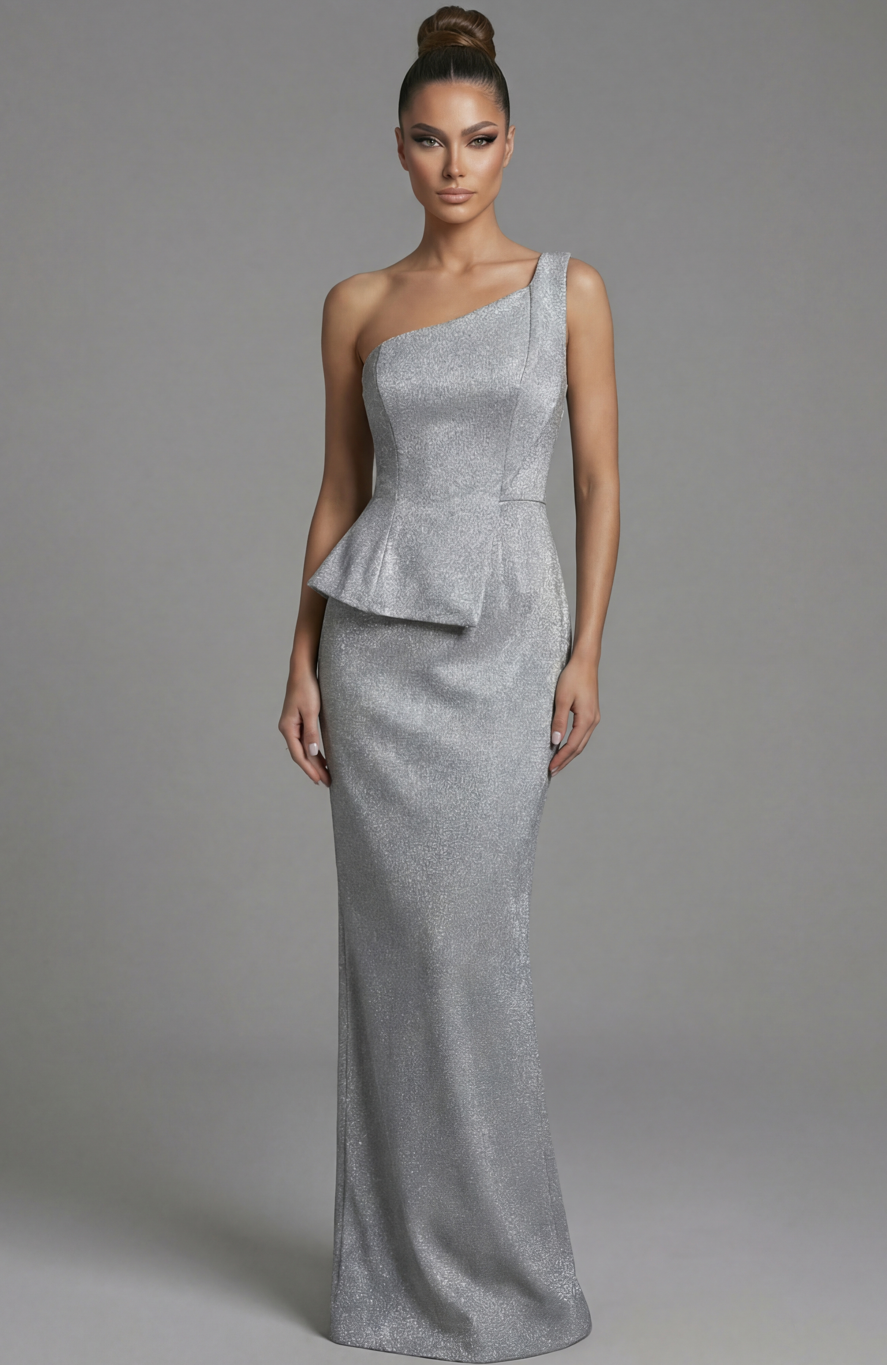 49060-1 One shoulder fitted evening gown with sculpted waist and subtle peplum