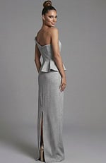 One shoulder metallic evening gown with peplum detail and back slit