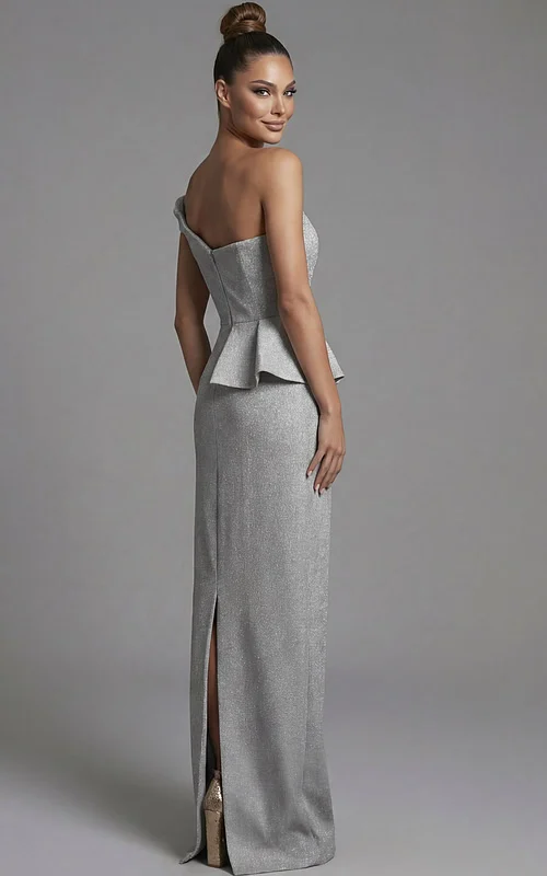 One shoulder metallic evening gown with peplum detail and back slit