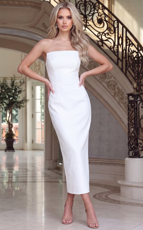 white crepe strapless fitted midi dress