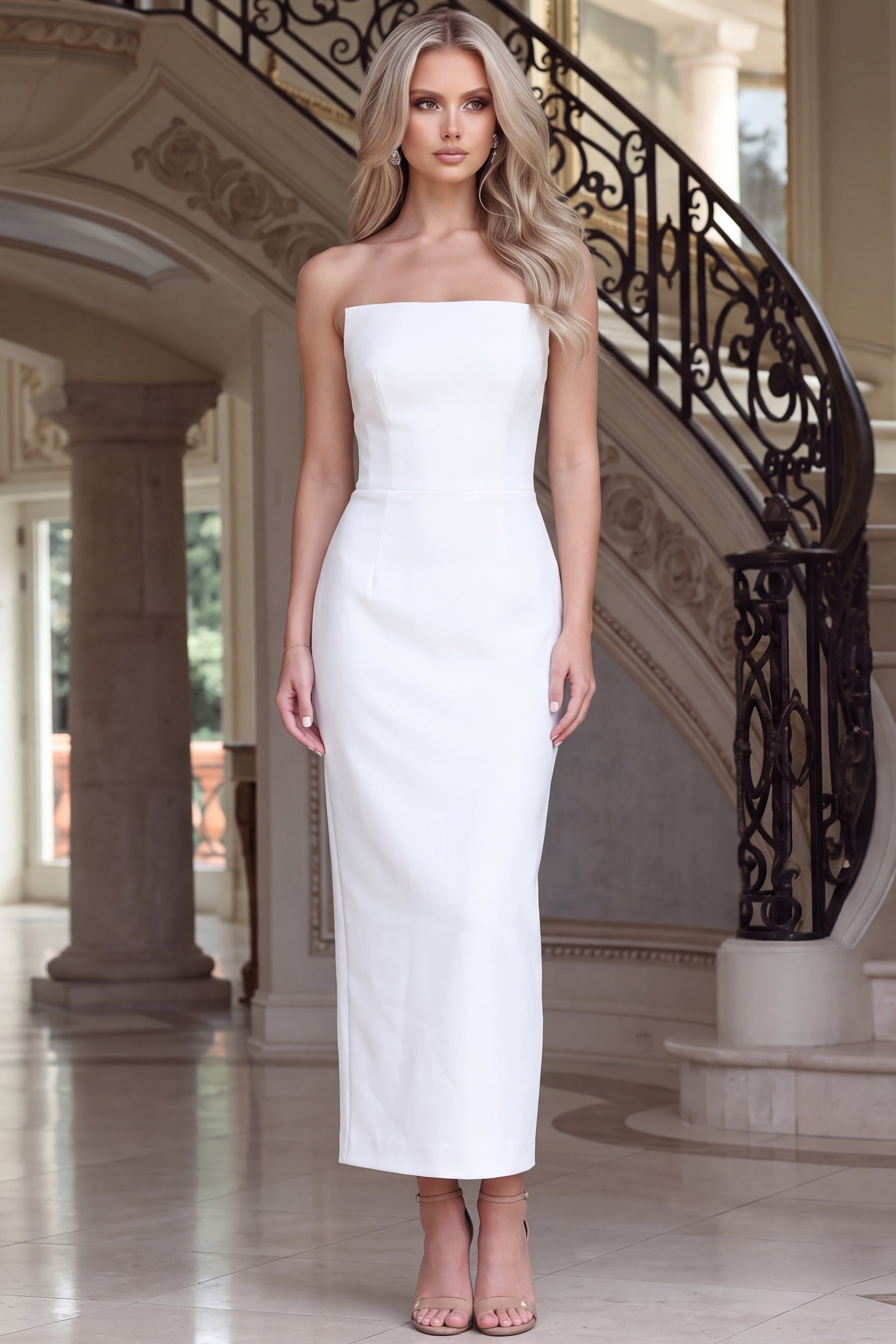 white strapless midi dress with straight neckline