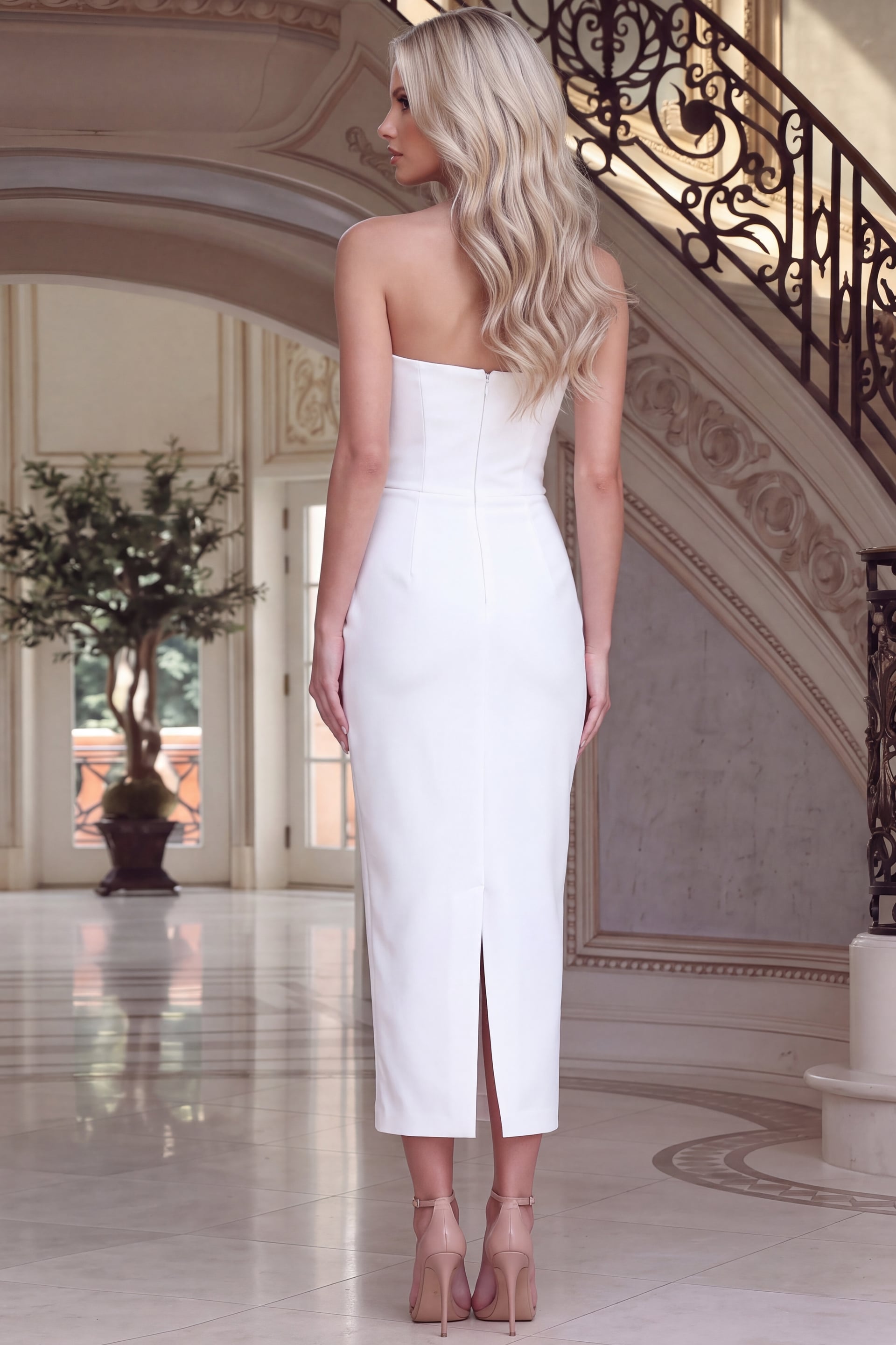 back view of white fitted midi dress with back slit