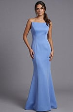 Strapless fitted gown with a straight sharp-corner neckline and clean mermaid silhouette on a fashion model