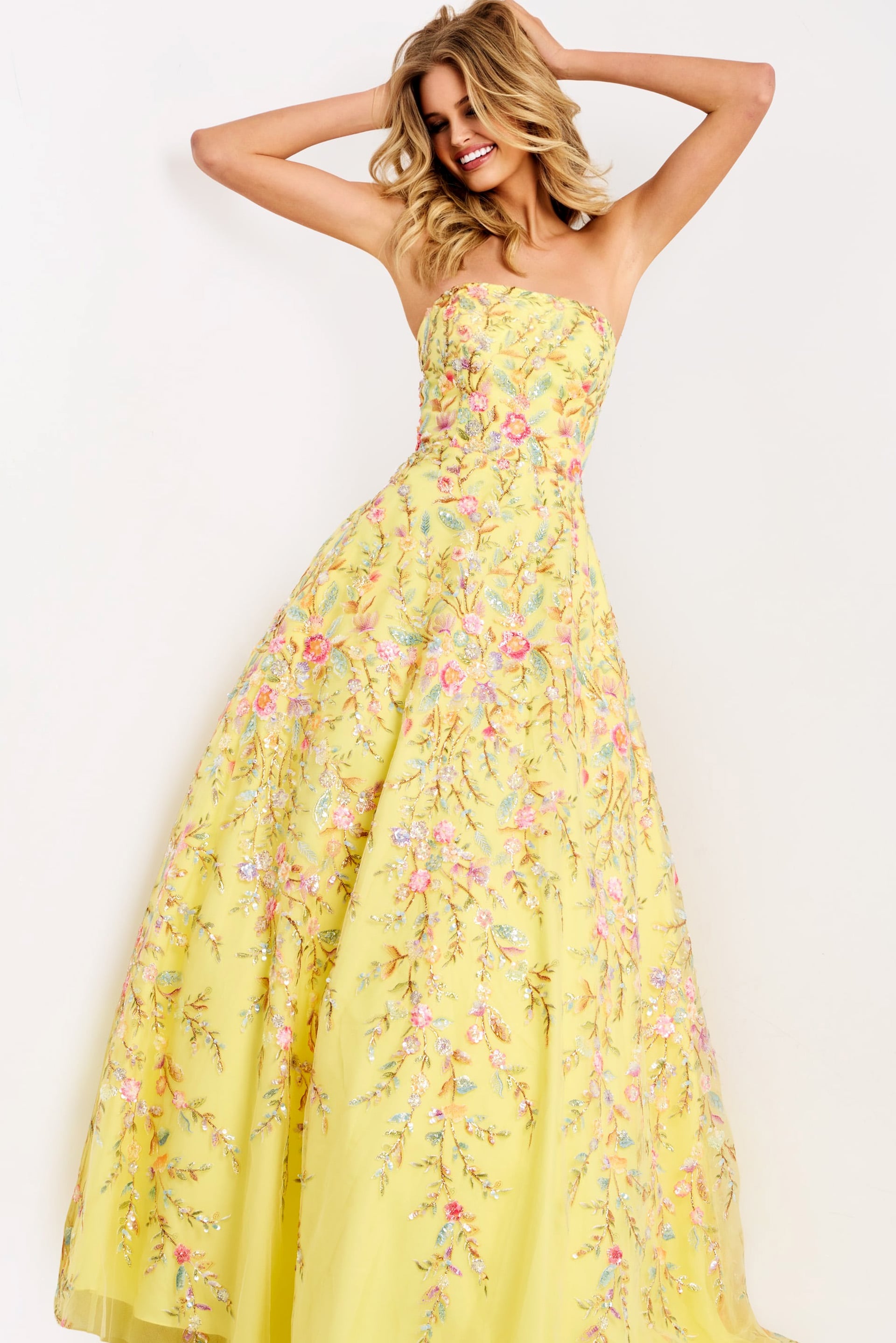 49070-1 Yellow Lace-Up Back Ball Gown