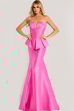 Strapless satin gown with structured peplum bodice and flared mermaid skirt, creating a sleek and elegant silhouette.