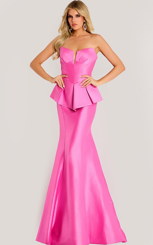 Strapless satin gown with structured peplum bodice and flared mermaid skirt, creating a sleek and elegant silhouette.