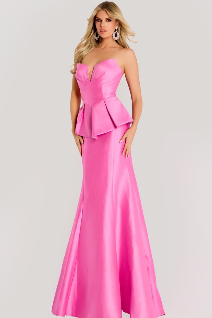 strapless v neckline peplum pink mother of the bride dress 49071
