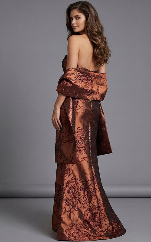 Back view of strapless brocade gown with bow detail and long skirt