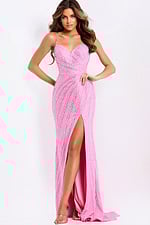 Red beaded prom dress with thin straps