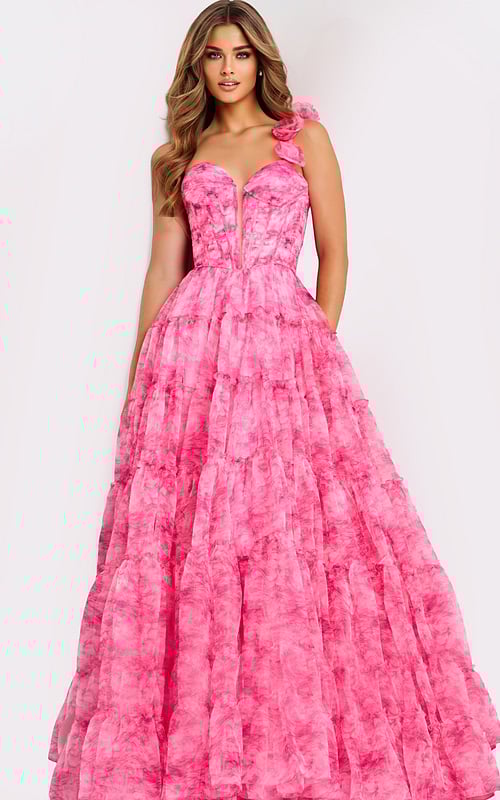 Pink ruffled ball gown with lace up back
