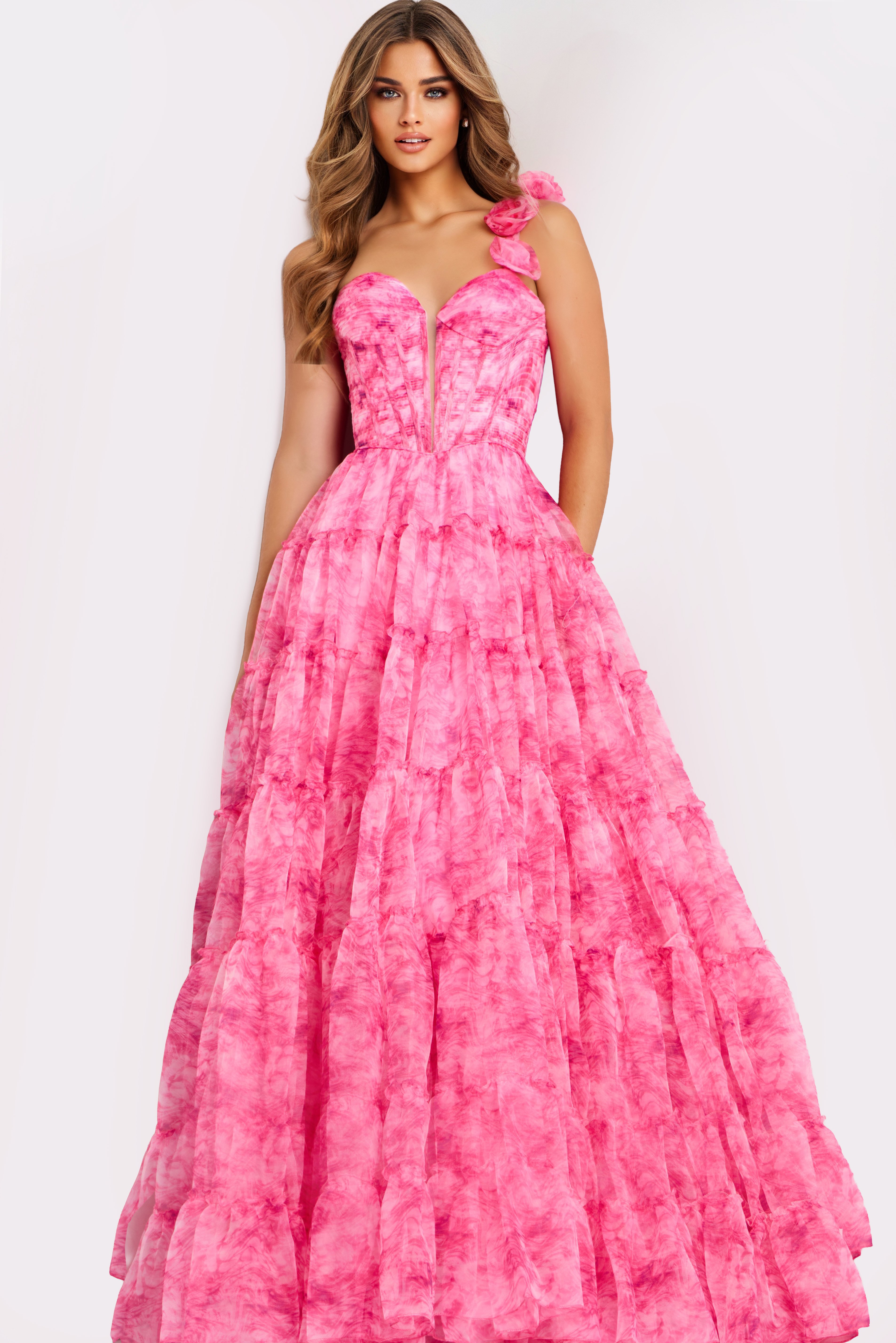 49074-4 Pink ruffled ball gown with lace up back