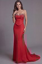Fitted strapless evening gown with crystal beaded bodice