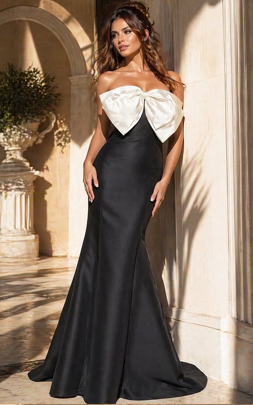 strapless black and white dress with bow detail 49078