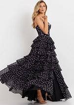 Black polka dot layered high-low dress 49087
