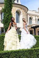 strapless polka dot tiered gown - two girls front, both smiling, standing behind hedge