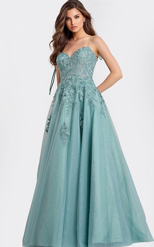 Lace Appliqué Gown With Spaghetti Straps