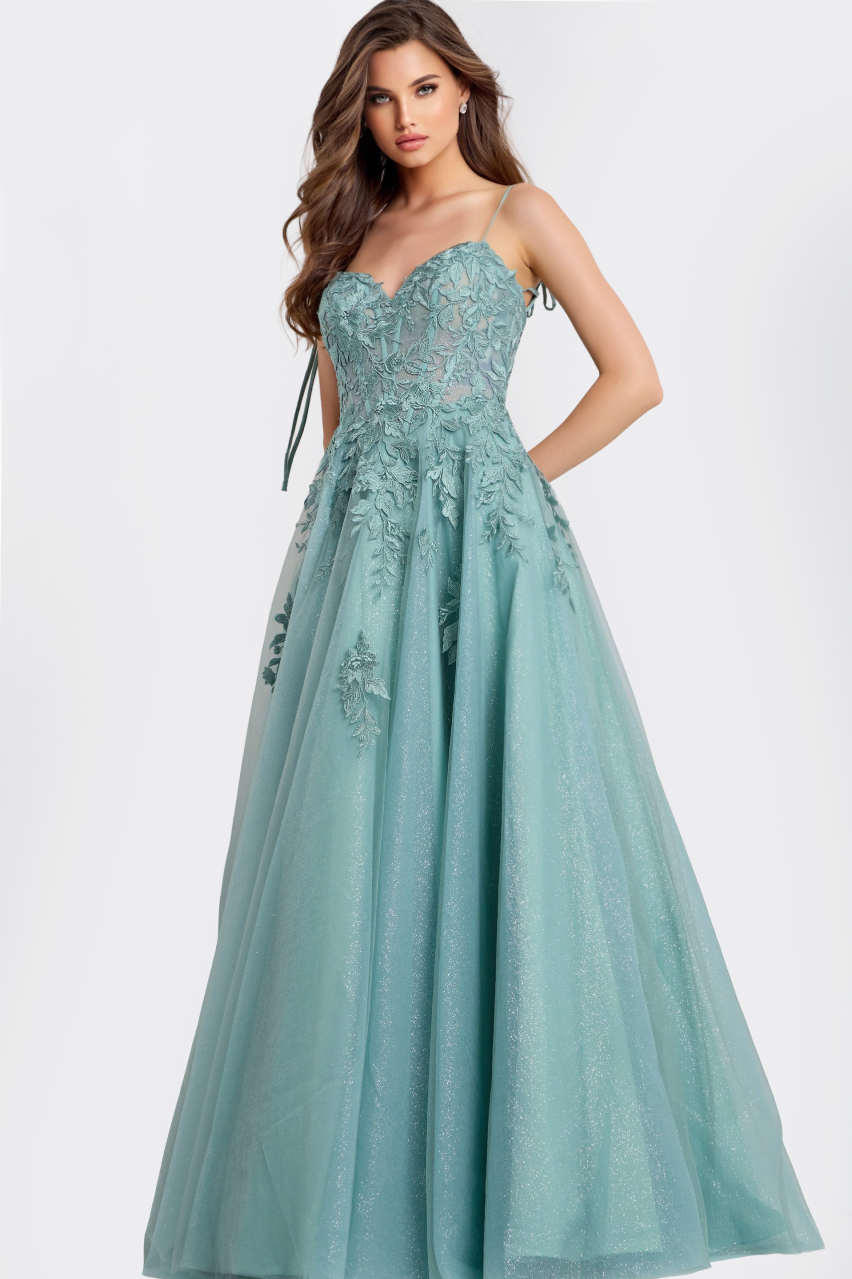 Lace Appliqué Gown With Spaghetti Straps