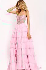 Strapless beaded corset prom dress with tiered skirt