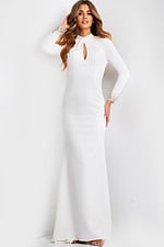 High neck open back formal gown with long sleeves