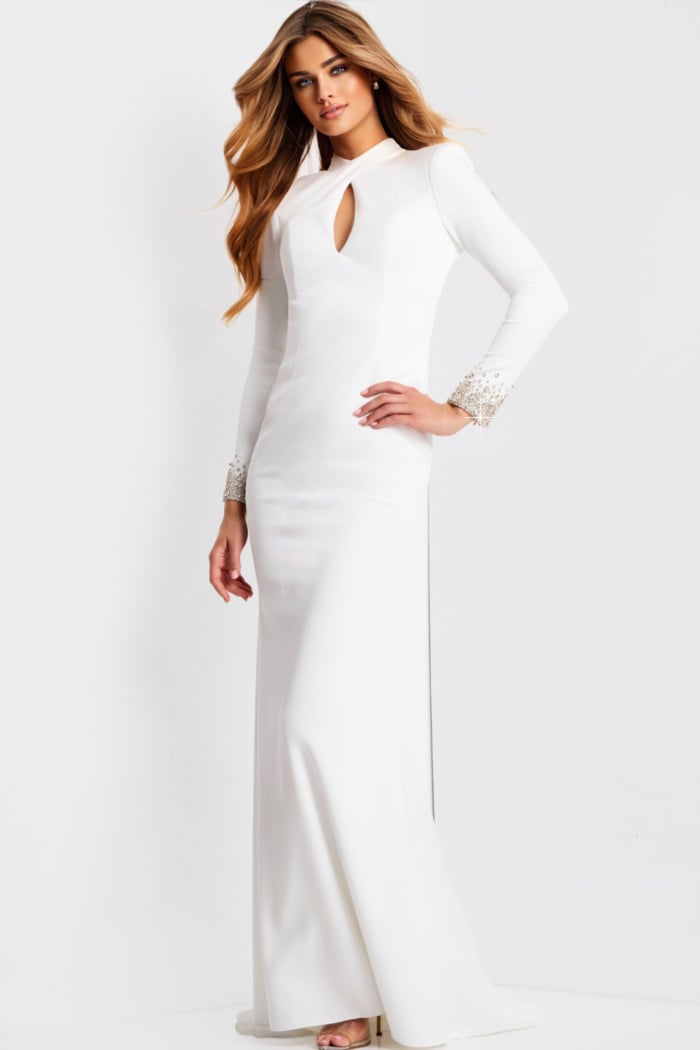 Modern fitted prom dress with embellished sleeves